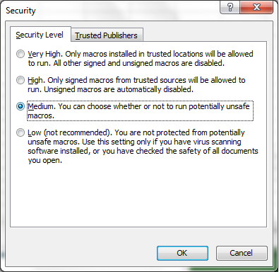 Window for changing macro security settings (Excel 2003)