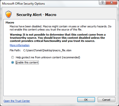 Warning about macro presence (Excel 2007)