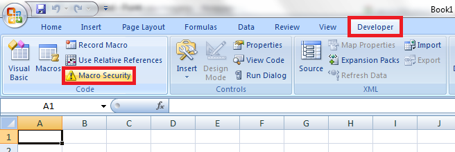 Macro security button in the Developer tab on Excel 2007 ribbon